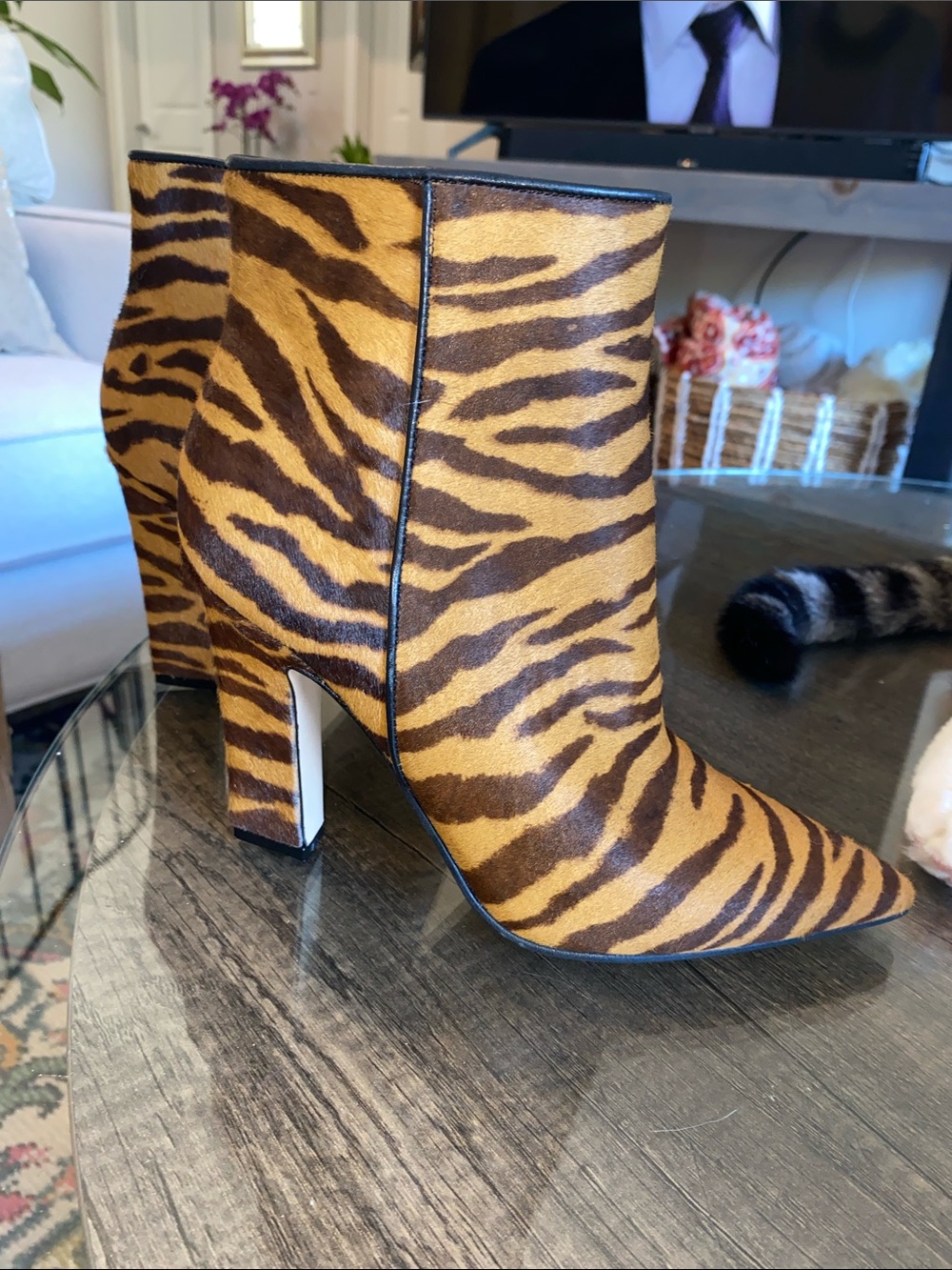 Marc Fisher Tiger-Print Pointed Toe Ankle Boots - Brown/Black